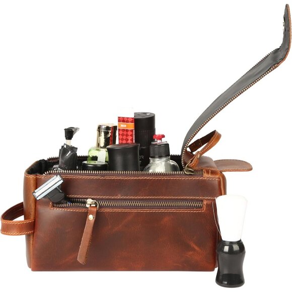 Unisex Orange Tan Premium Buffalo Leather Toiletry Bag Travel Shaving kit - Picture 9 of 10